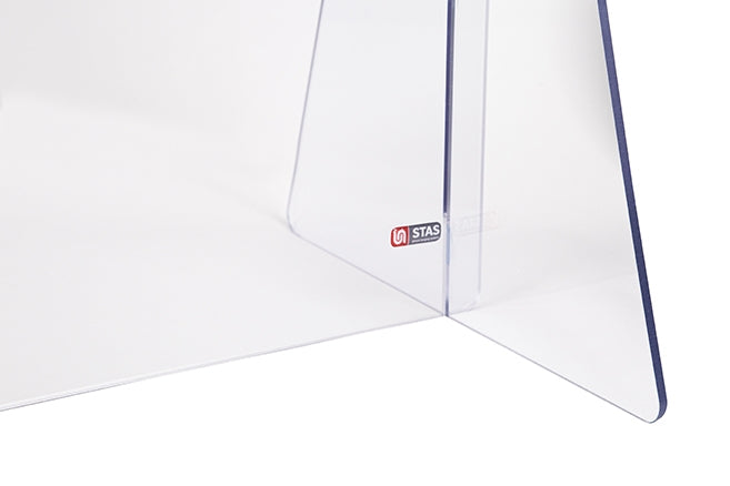 STAS plexiglas scherm - staand, met uitsparing en plexiglas voet 115x80 cm, inclusief stevige voetstukken.
