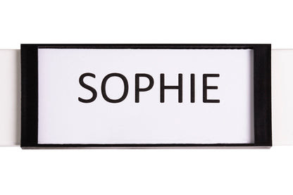 STAS name tag voor de papergrip, afmetingen van 8,7 x 3,7 x 0,6 cm.