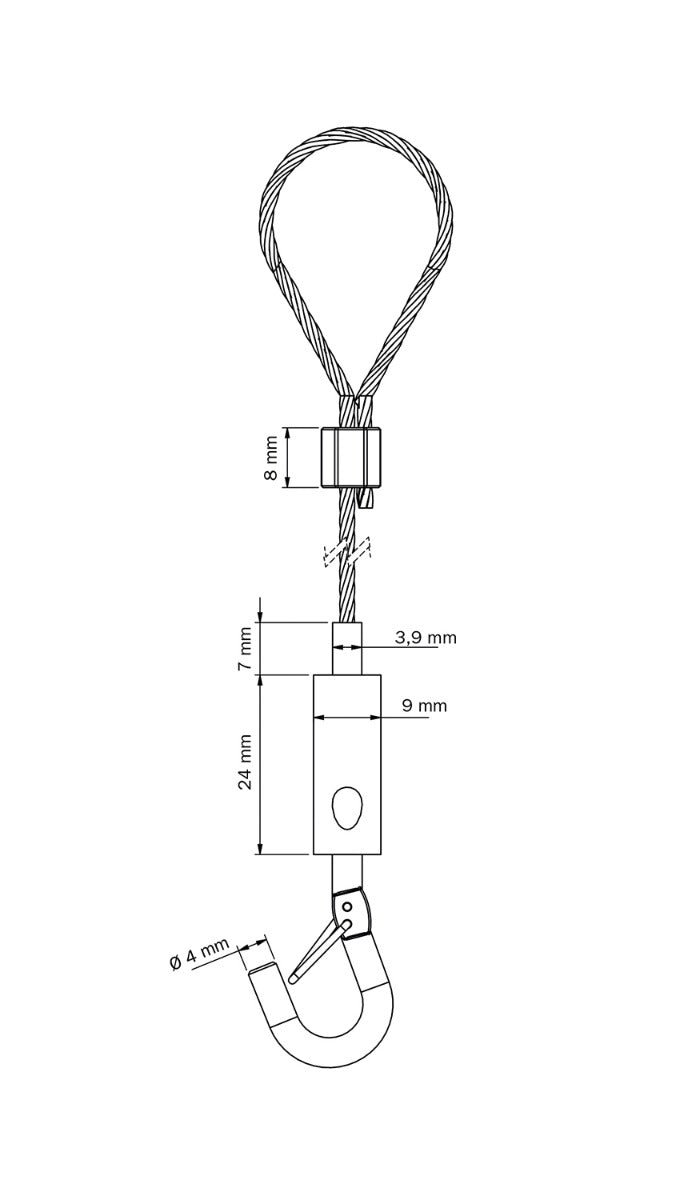 STAS ophangset met veiligheidshaak en lusbevestiging, 1,5 mm staalkabel, max. 25 kg belastbaar.