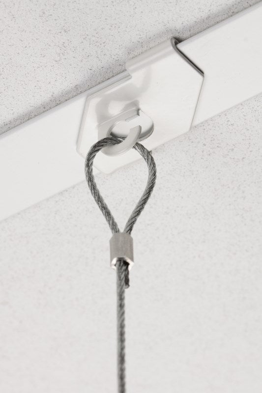 Systeemplafondhaak voor koord met lus, met open oog voor snelle installatie.