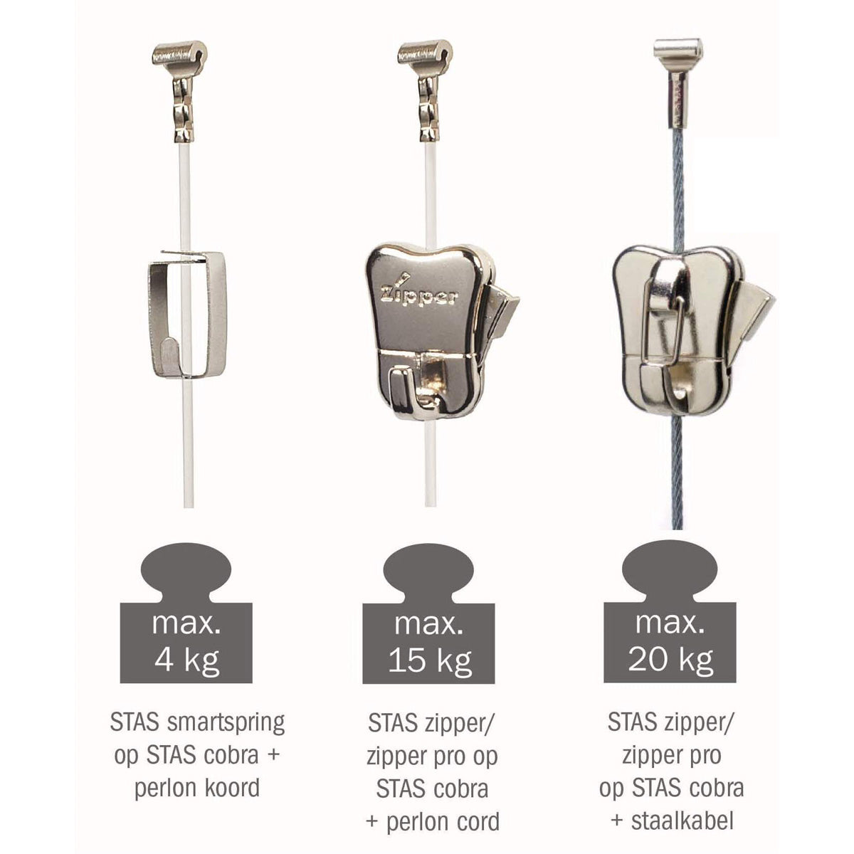STAS cobra haken & koorden set samenstellen, stel uw eigen ophangset samen voor schilderijen tot 20 kg.