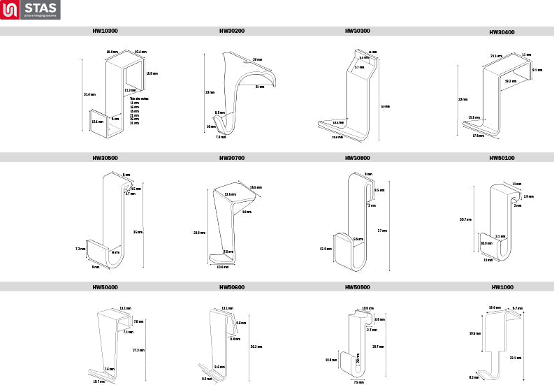 STAS wandhaak wit - diverse maten